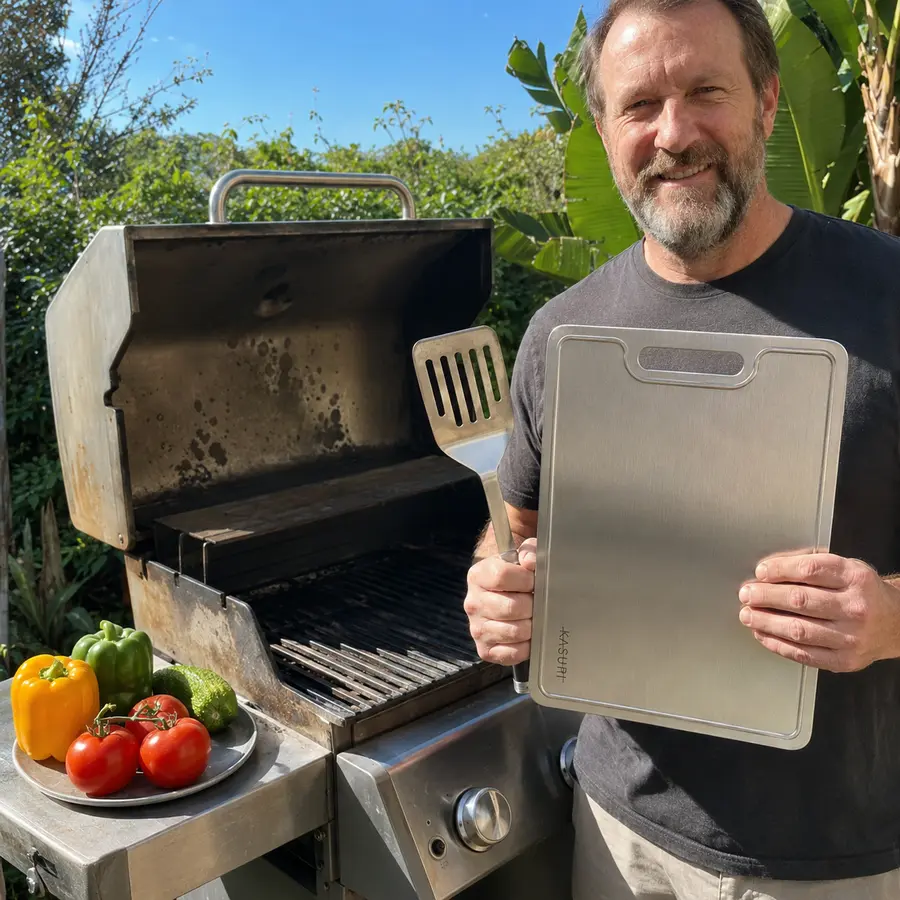 John holding his Kasuri cutting board beside an outdoor grill